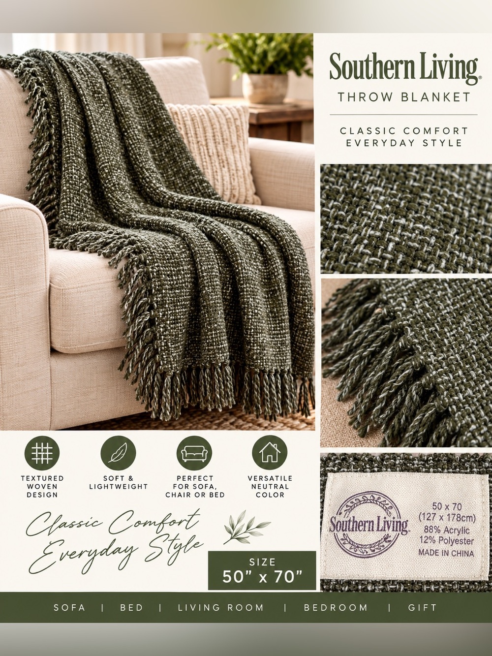 Southern Living Olive Green Woven Throw Blanket 50x70 Fringe